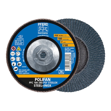Pferd Tools 7" x 5/8-11 Thd. POLIFAN Flap Disc - Z PSF STEELOX, Zirconia, 80 Grit, Conical 62083